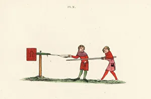 Tilting at a mobile quintain, 14th century Tilting at a mobile quintain, 14th century