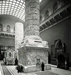 Prints of Black and white lantern slide capturing image of the cast of the base of Trajans Column inside the Victoria and Albert Museum Cast Court Ancient Artifacts And Relic Prints: Black and White Print of Trajan Column Base circa 1895