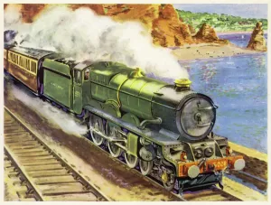 Prints of The Great Western Railways Cornish Riviera express is hauled by a King class locomotive beside the sea Railway Prints: King Class Locomotive Print