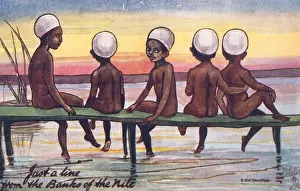 Print of Egyptian children on the Nile River bank