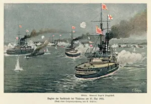 Prints of BATTLE OF TSUSHIMA STRAIT The Japanese Admiral Togo steams into action in his flagship Mikafa, inflicting an overwhelming defeat on the Russian fleet Togo Prints: Print of the Battle of Tsushima Strait