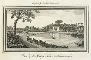 Prints of Dr Battys house Twickenham, Middlesex, seen from across the Thames : three horses tug a barge along the river Middlesex Prints: Twickenham Print: Barge Tugged by Three Horses Across the Thames