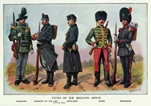 Prints of Types of the Belgian army: carbinier, infantry of the line, artillery, guide and grenadier Date: World War One Weapons And Artillery Prints: Types from Belgian Army Print, World War One