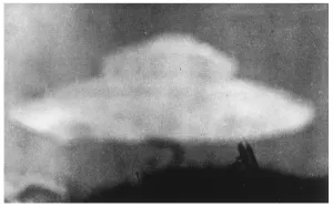 Prints of Schoolboy Stephen Darbishire photographs this Adamski-type UFO at Coniston, Lancashire : it will be many years before he will admit it is a fake Lancashire Prints: Coniston UFO Print, 1947
