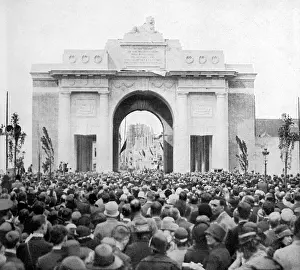 Prints of Unveiling of the memorial, Menin Gate, commemorating the 56, 000 British soldiers who died fighting at Ypres during the First World War. Date: 1927 Belgium Prints: Unveiling of the Menin Gate Print, 1927