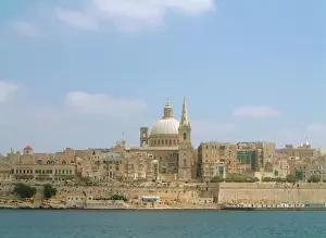 Prints of View from the Marsamxett Harbour towards the Carmelite Church dome and St Pauls Cathedral spire, Valletta, Sliema, Malta Malta Prints: Valletta Print: Marsamxett Harbour View