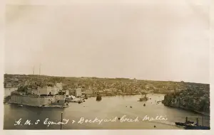 Prints of Valletta, Malta - HMS Egmont and Dockyard Creek. Date: 1923 Malta Prints: Valletta, Malta - HMS Egmont and Dockyard Creek Print 1923