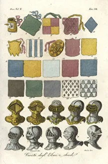 Variety of jousting shields and helmets Variety of jousting shields and helmets