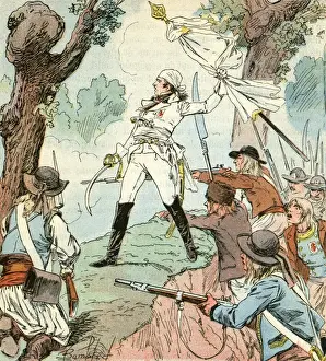 Prints of Charette de la Contrie, leader of the Vendee insurgents, in combat with the Revolutionary forces. Date: 1792 Vendee Prints: Vendee War Print: Charette de la Contrie in Combat, 1792