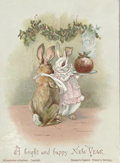 Victorian Greeting Card - Rabbits with Plum Pudding Victorian Greeting Card - Rabbits with Plum Pudding