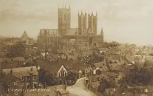 Prints of View of magnificent West Front of Lincoln Cathedral from the North West Date: 1915 Lincolnshire Prints: Lincoln Cathedral North West View Print 1915