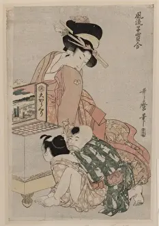 Antique Japanese Woodcuts Prints: Viewing a peep box show