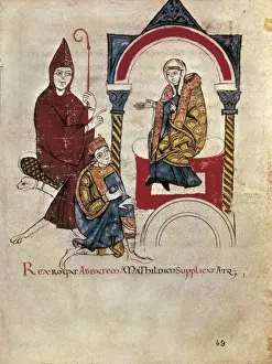 Prints of Vita Mathildis. Ms Lat 4922. 1114. Emperor Henry IV, kneeling before Matilda of Tuscany in the presence of the abbot Hug of Cluny, asking her to intercede for him with the Pope Gregory VII (1077) Vatican City Prints: Vita Mathildis Print: Emperor Henry IV's Humble Request