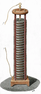 Voltaic pile by alessandro Volta. Colored engraving Voltaic pile by alessandro Volta. Colored engraving