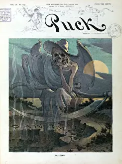 Prints of Waiting. Illustration shows the specter of Death sitting with a scythe on its lap, on the construction site of the Panama Canal. Date 1904 June 22 Related Image Prints: Death on the Panama Canal Print, 1904
