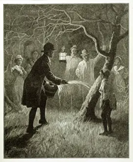 Prints of In Devon and Somerset, apple growers wassail orchards on 17 January, with songs and a bucket of hot cider; a tree is lightly sprinkled, then the wassailers drink the rest Somerset Prints: Wassailing Apple Trees in Devon and Somerset Print
