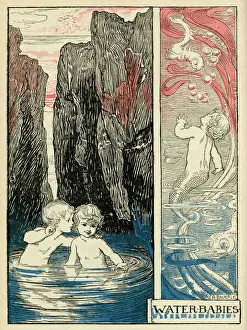 Octopi Prints: Water Babies Print - 1900 Illustration by a Merman Scene