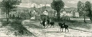 Prints of Three people on horses approach Welbeck Abbey from the north Nottinghamshire Prints: Welbeck Abbey from the North Print