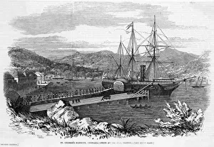 Prints of (Windward Islands). Native porters coaling a paddle-steamer in St Georges Harbour Grenada Prints: West Indies Grenada Print: Native Porters Coaling a Paddle Steamer