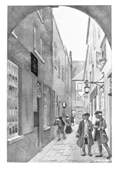 Prints of Copy of an engraving of Wilsons Court, Belfast in the 1810s, there are buildings and people. (Location: Northern Ireland: County Antrim: Belfast). Date: circa early 1900s Belfast Prints: Belfast's Wilsons Court Print circa early 1900s