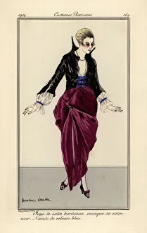 Woman in burgundy satin skirt and black satin jacket Woman in burgundy satin skirt and black satin jacket