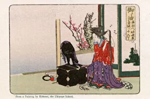 Akasaka Collection: Woman Combing Her Hair at Goyu by Hokusai