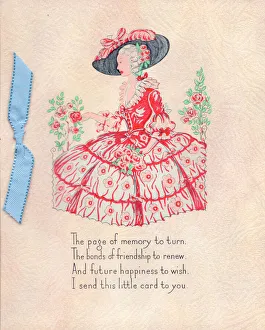 Woman in a crinoline dress on a greetings card Woman in a crinoline dress on a greetings card