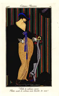 Woman in dress of corn-yellow velvet with black waistcoat Woman in dress of corn-yellow velvet with black waistcoat