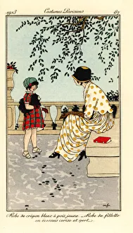 Woman in dress of polka-dot crepon, and girl with dog Woman in dress of polka-dot crepon, and girl with dog