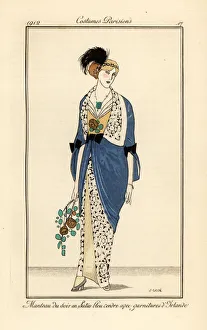 Woman in evening gown of ash blue satin with Irish lace Woman in evening gown of ash blue satin with Irish lace
