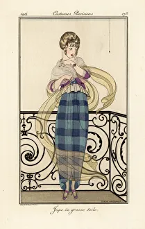 Woman in a large toile skirt, looking afraid of a spider Woman in a large toile skirt, looking afraid of a spider