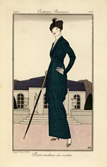 Woman in morning tailored suit with cane Woman in morning tailored suit with cane