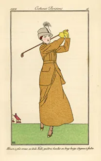 Woman playing golf in a loosely pleated toile suit Woman playing golf in a loosely pleated toile suit