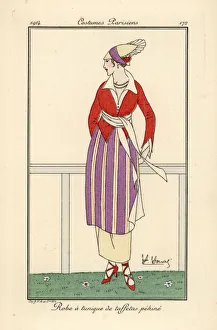 Woman at racetrack in dress with striped pekine Woman at racetrack in dress with striped pekine