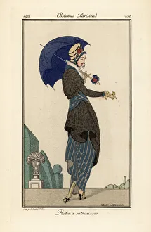 Woman in ruched dress and coat with hat and parasol Woman in ruched dress and coat with hat and parasol