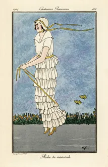 Woman skipping in white nainsook ruffled dress Woman skipping in white nainsook ruffled dress