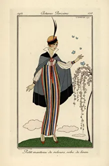 Woman in striped linen dress with short velvet coat Woman in striped linen dress with short velvet coat