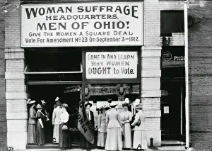 Prints of Woman suffrage headquarters in Upper Euclid Avenue, Cleveland - A. (at extreme right) is Miss Belle Sherwin, President, National League of Women Voters; B. is Judge Florence E Cleveland Prints: Woman Suffrage Headquarters Print, Cleveland 1912