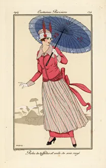 Woman in taffeta dress with striped silk apron Woman in taffeta dress with striped silk apron