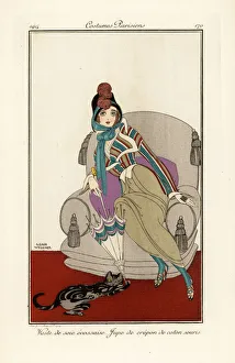 Woman in vest of Scottish silk vest, crepe cotton skirt Woman in vest of Scottish silk vest, crepe cotton skirt