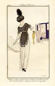 Woman in waistcoat of pekine velvet over a printed Woman in waistcoat of pekine velvet over a printed