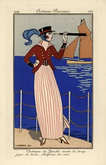 Woman in yachting outfit holding a telescope Woman in yachting outfit holding a telescope