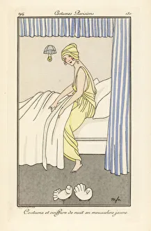 Woman in yellow chiffon night gown and hat getting into bed Woman in yellow chiffon night gown and hat getting into bed