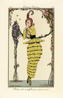 Woman in yellow taffeta afternoon dress Woman in yellow taffeta afternoon dress