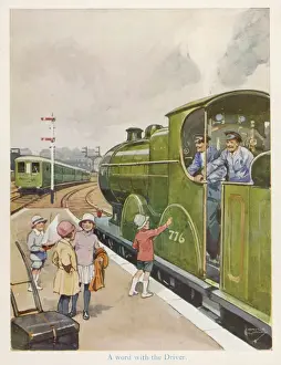 Vintage Train Station Scene Prints: A Word with the Driver