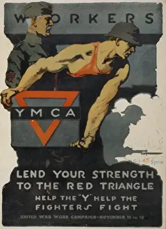 WWI Recruitment Posters Prints: Workers, lend your strength to the red triangle - Help the Y