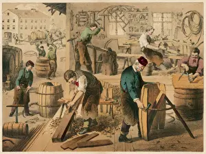 Print of a Cooper's Workshop with Barrels in the Street