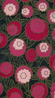 Black Background Print with Pink, Red and Magenta Flowers and Gold Leaves