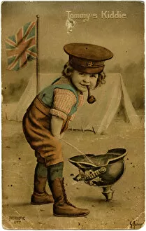 Postcard Collection: WW1 - Patriotic - Little Tommy has a pee on a German Helmet
