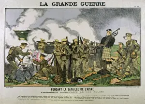 Prints of British brew tea while under fire on the Aisne, meanwhile someone plays the bagpipes Aisne Prints: WW1 Print: British Soldiers Brewing Tea Under Fire